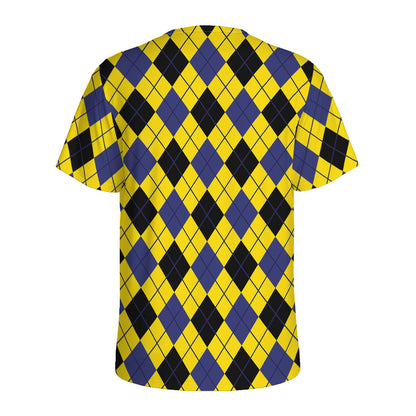 Yellow Blue And Black Argyle Print Men's Sports T-Shirt
