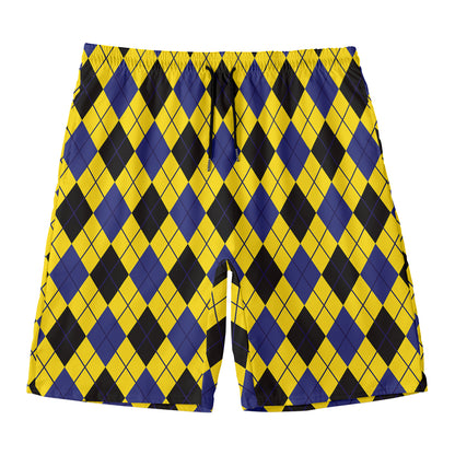Yellow Blue And Black Argyle Print Men's Swim Trunks