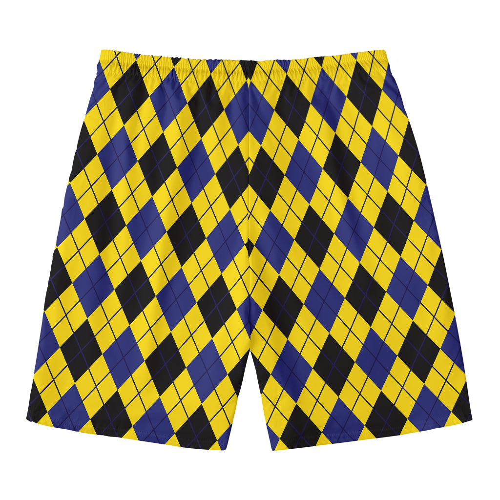 Yellow Blue And Black Argyle Print Men's Swim Trunks