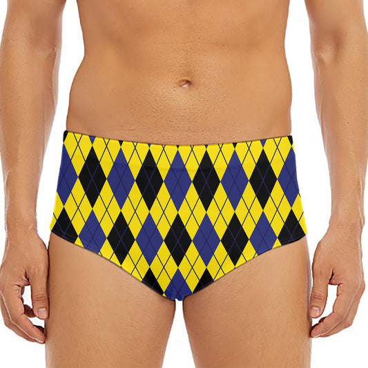 Yellow Blue And Black Argyle Print Men's Triangle Swim Briefs