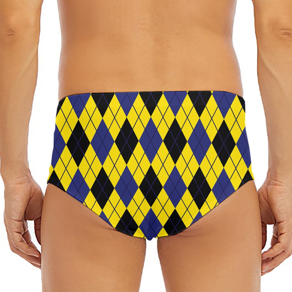Yellow Blue And Black Argyle Print Men's Triangle Swim Briefs