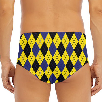 Yellow Blue And Black Argyle Print Men's Triangle Swim Briefs