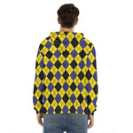 Yellow Blue And Black Argyle Print Men's Velvet Pullover Hoodie