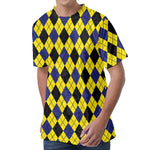 Yellow Blue And Black Argyle Print Men's Velvet T-Shirt