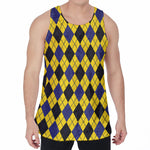 Yellow Blue And Black Argyle Print Men's Velvet Tank Top