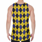 Yellow Blue And Black Argyle Print Men's Velvet Tank Top