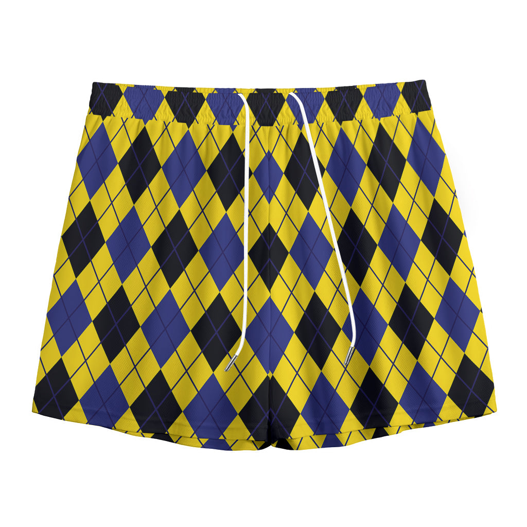 Yellow Blue And Black Argyle Print Mesh Shorts
