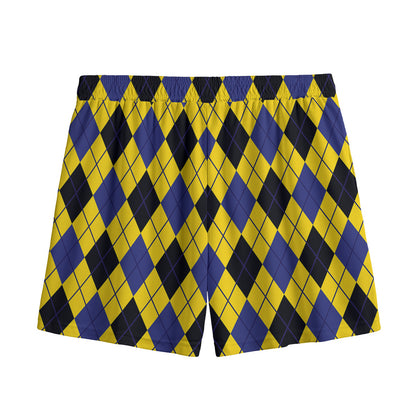 Yellow Blue And Black Argyle Print Mesh Shorts