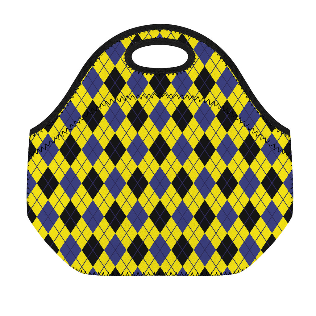 Yellow Blue And Black Argyle Print Neoprene Lunch Bag
