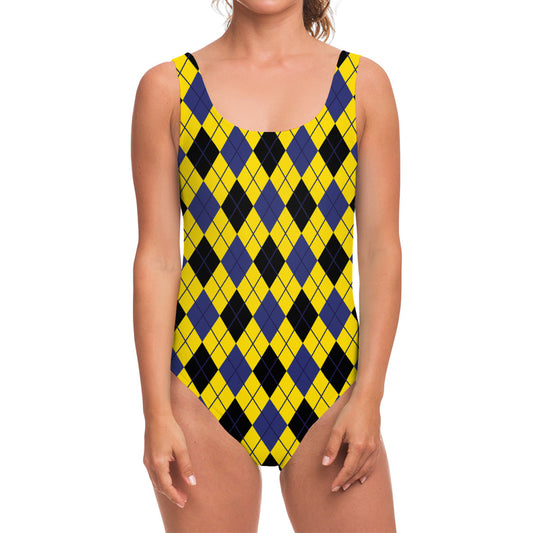 Yellow Blue And Black Argyle Print One Piece Swimsuit