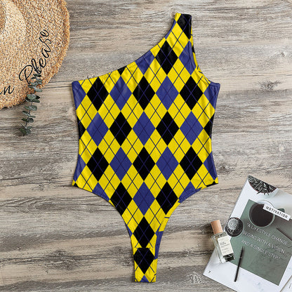 Yellow Blue And Black Argyle Print One Shoulder Bodysuit