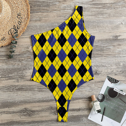 Yellow Blue And Black Argyle Print One Shoulder Bodysuit