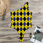 Yellow Blue And Black Argyle Print One Shoulder Bodysuit
