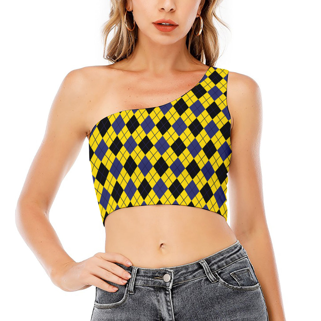 Yellow Blue And Black Argyle Print One Shoulder Crop Top
