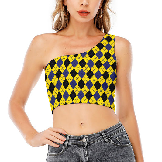 Yellow Blue And Black Argyle Print One Shoulder Crop Top