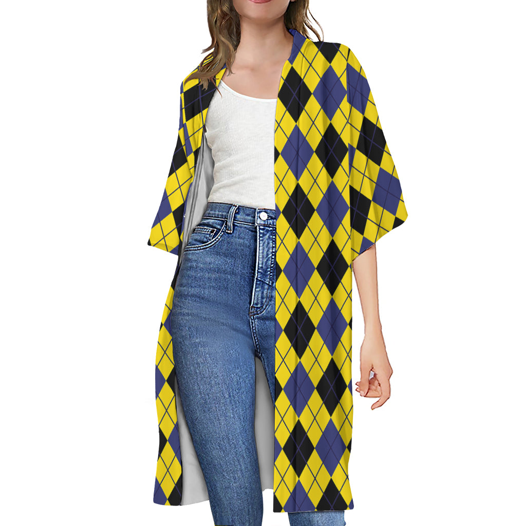 Yellow Blue And Black Argyle Print Open Front Beach Cover Up