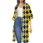Yellow Blue And Black Argyle Print Open Front Beach Cover Up