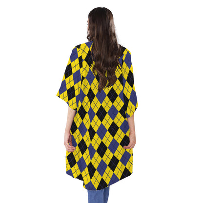 Yellow Blue And Black Argyle Print Open Front Beach Cover Up