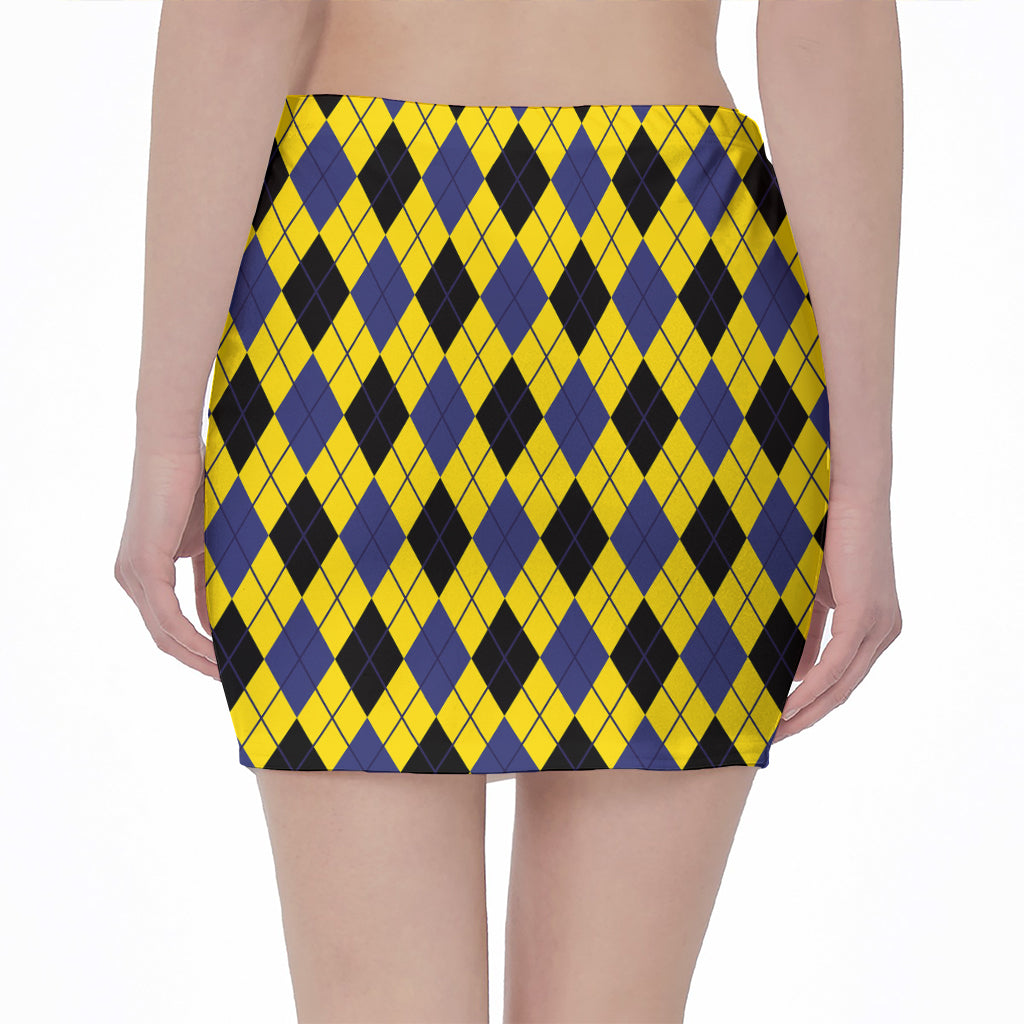 Yellow Blue And Black Argyle Print Pencil Mini Skirt