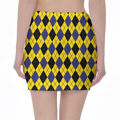 Yellow Blue And Black Argyle Print Pencil Mini Skirt