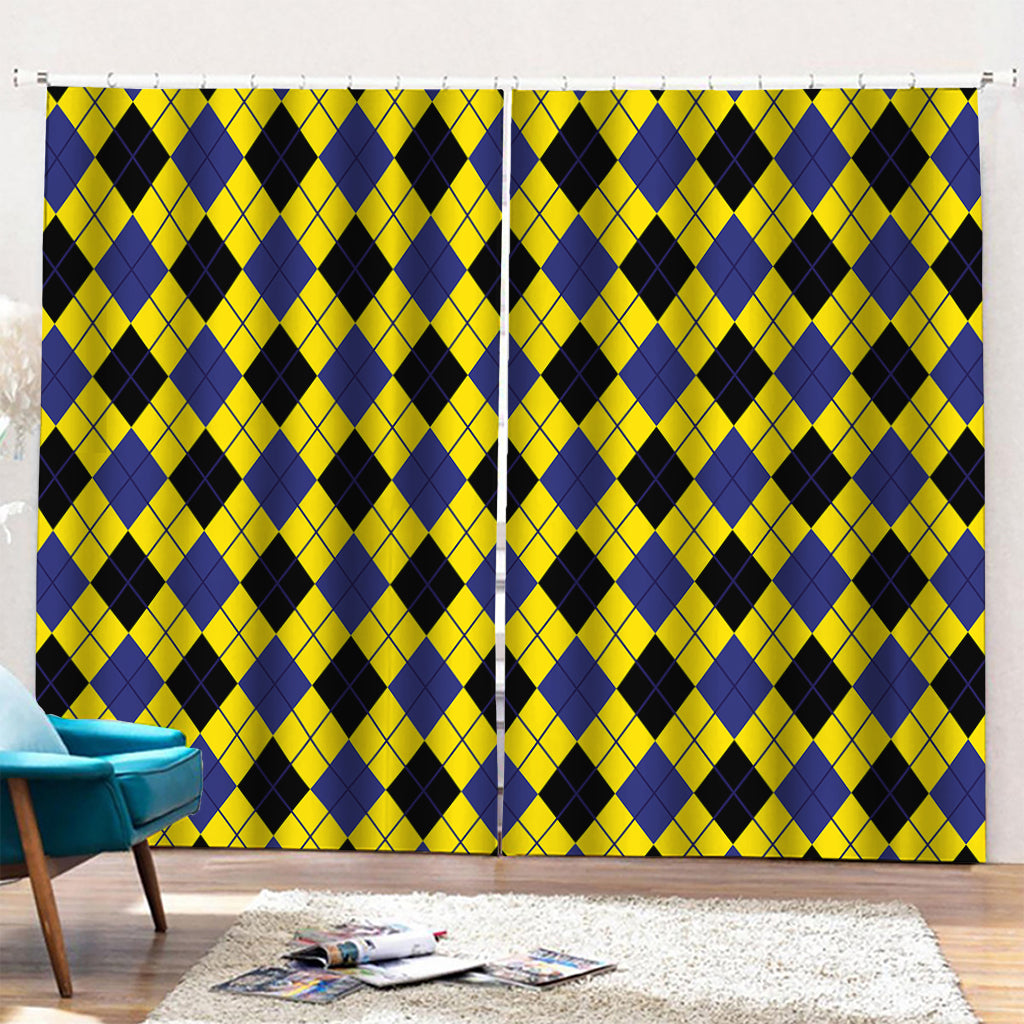 Yellow Blue And Black Argyle Print Pencil Pleat Curtains