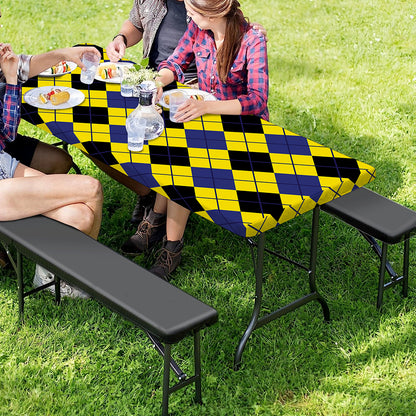 Yellow Blue And Black Argyle Print Picnic Table Cover