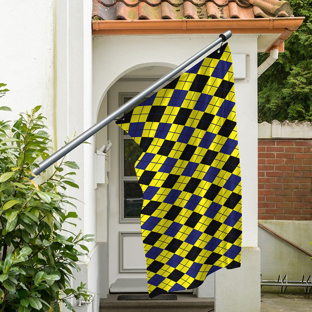 Yellow Blue And Black Argyle Print Polyester Flag