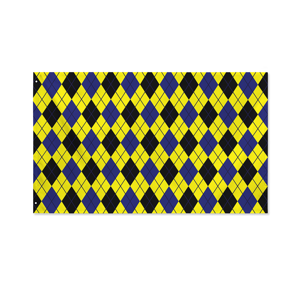 Yellow Blue And Black Argyle Print Polyester Flag
