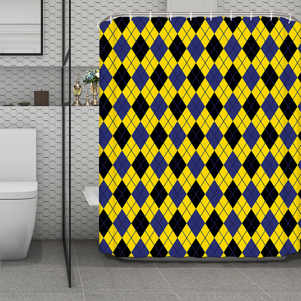 Yellow Blue And Black Argyle Print Polyester Shower Curtain