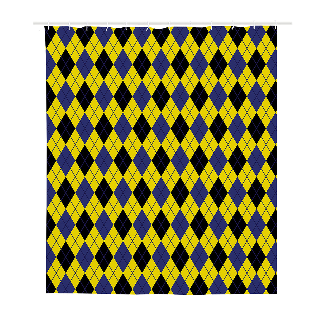 Yellow Blue And Black Argyle Print Polyester Shower Curtain