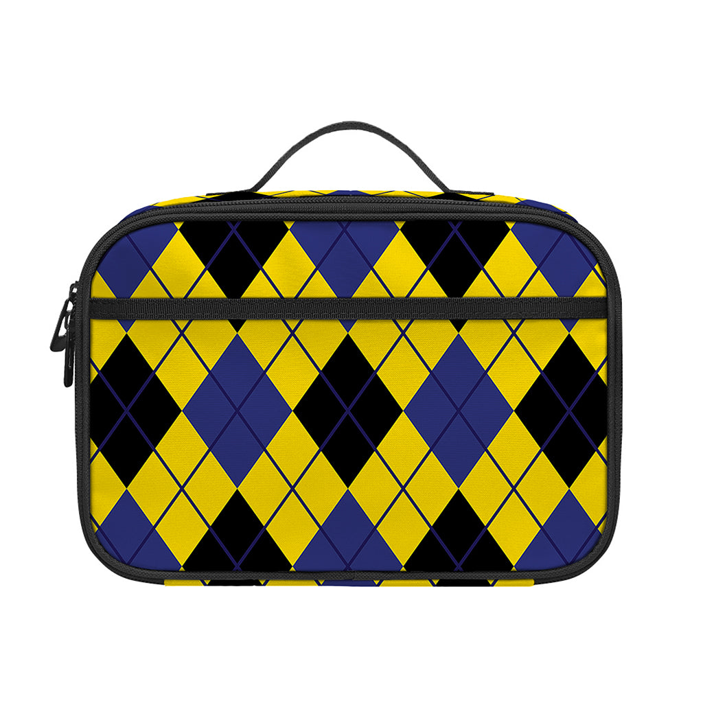 Yellow Blue And Black Argyle Print Portable Lunch Bag