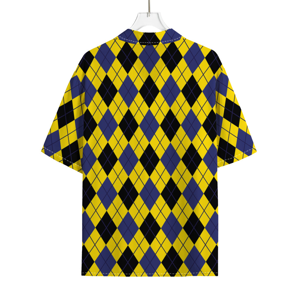 Yellow Blue And Black Argyle Print Rayon Hawaiian Shirt