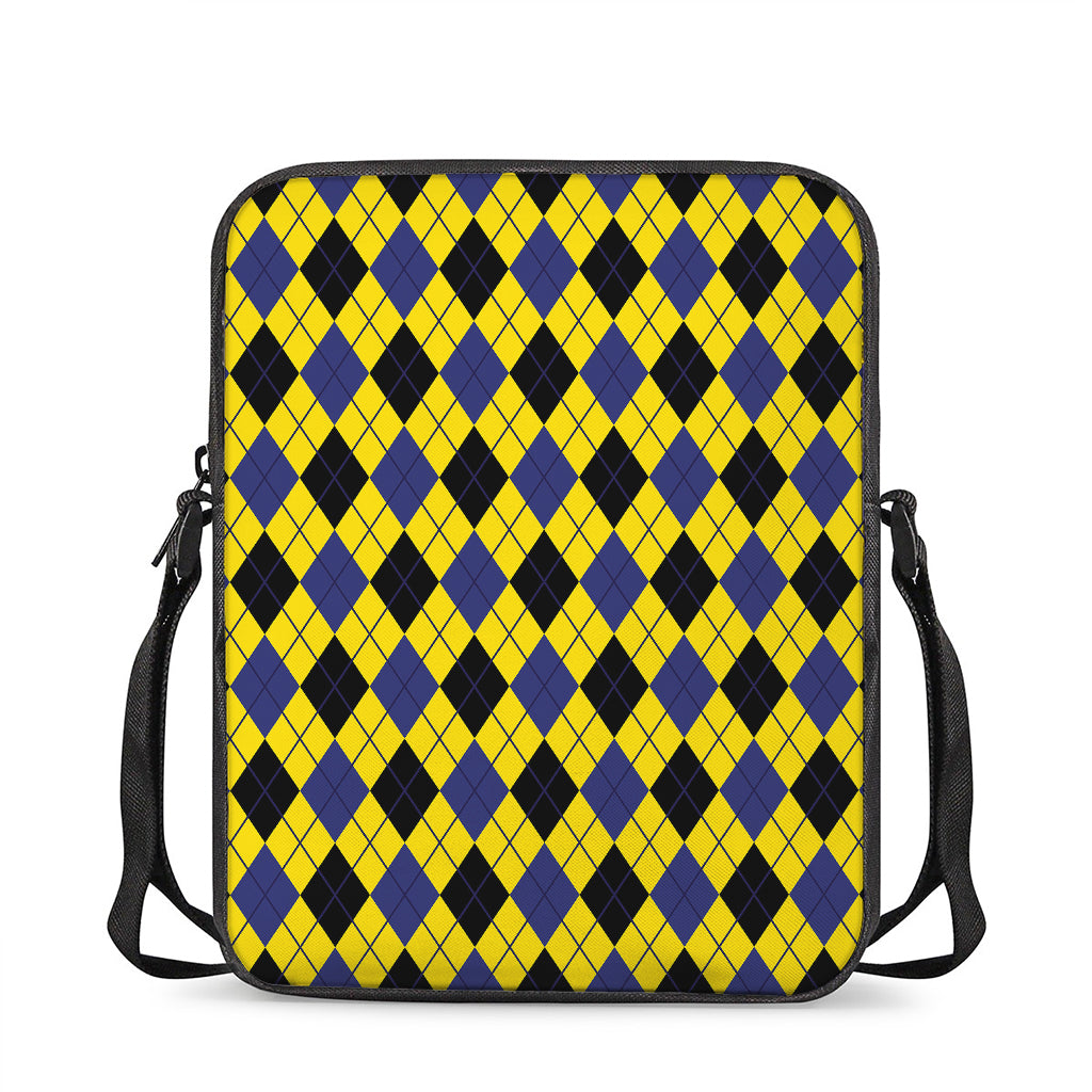 Yellow Blue And Black Argyle Print Rectangular Crossbody Bag