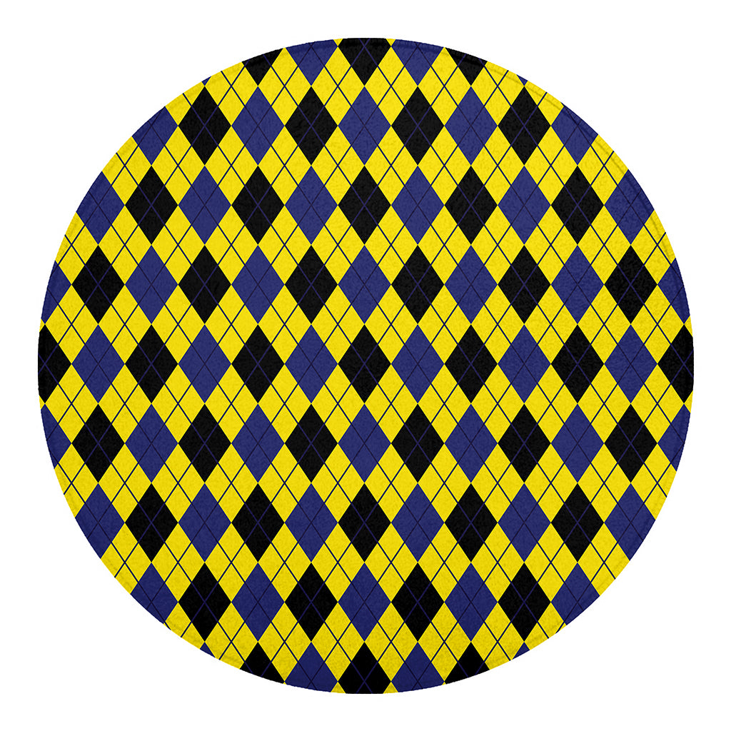 Yellow Blue And Black Argyle Print Round Blanket