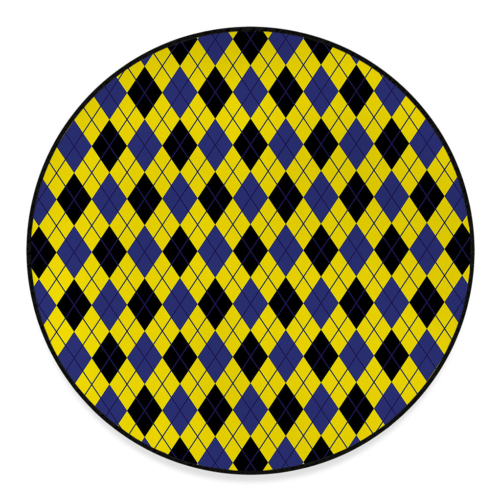 Yellow Blue And Black Argyle Print Round Floor Mat