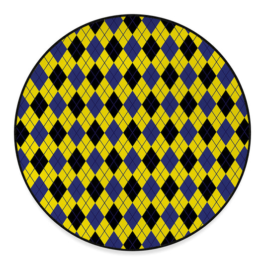 Yellow Blue And Black Argyle Print Round Floor Mat