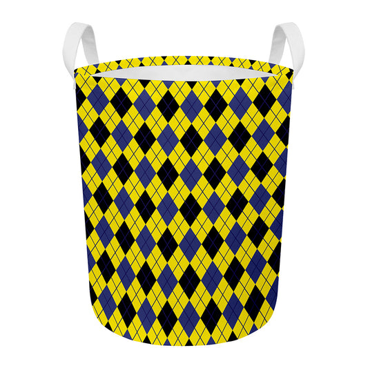 Yellow Blue And Black Argyle Print Round Laundry Basket
