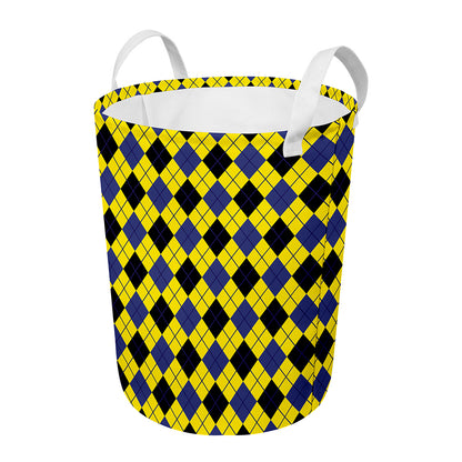 Yellow Blue And Black Argyle Print Round Laundry Basket