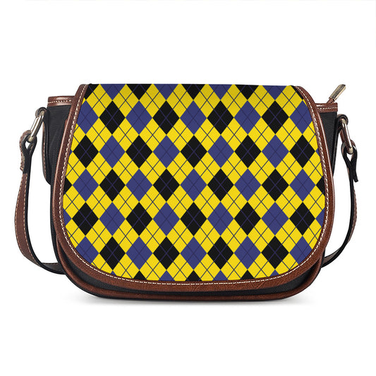 Yellow Blue And Black Argyle Print Saddle Bag