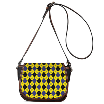 Yellow Blue And Black Argyle Print Saddle Bag