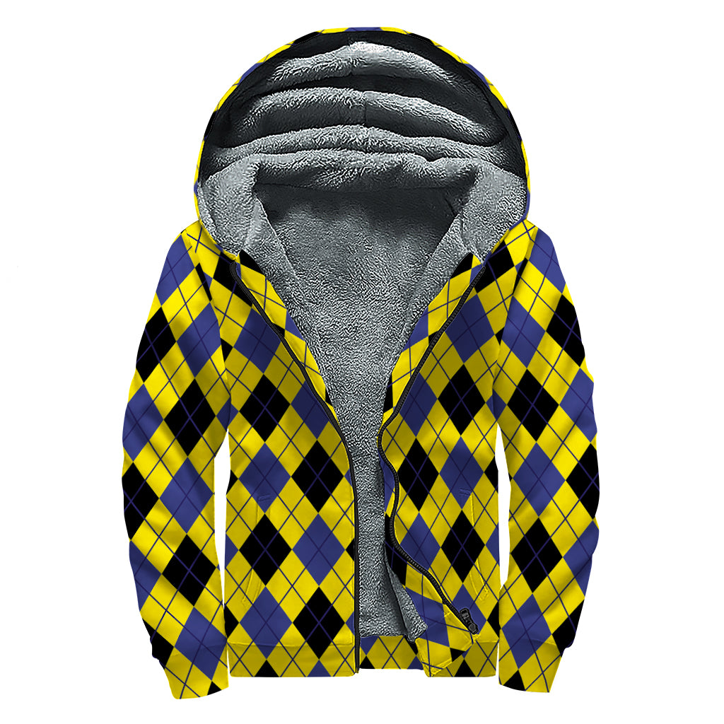 Yellow Blue And Black Argyle Print Sherpa Lined Zip Up Hoodie