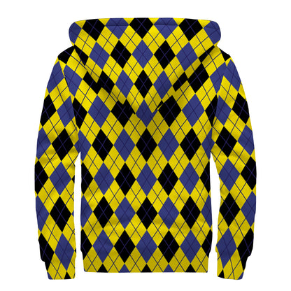 Yellow Blue And Black Argyle Print Sherpa Lined Zip Up Hoodie