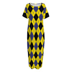 Yellow Blue And Black Argyle Print Short Sleeve Long Nightdress