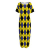 Yellow Blue And Black Argyle Print Short Sleeve Long Nightdress