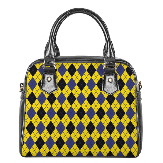 Yellow Blue And Black Argyle Print Shoulder Handbag