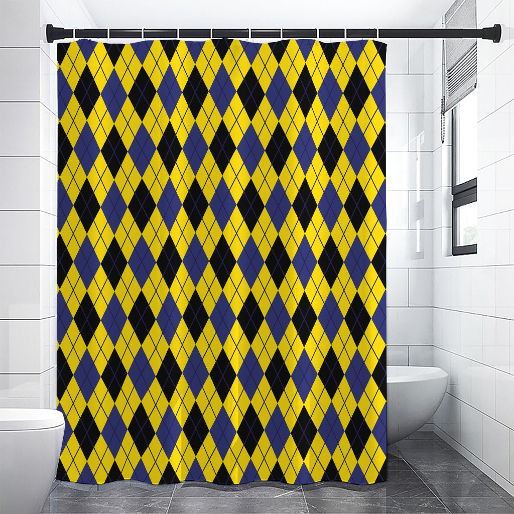 Yellow Blue And Black Argyle Print Shower Curtain