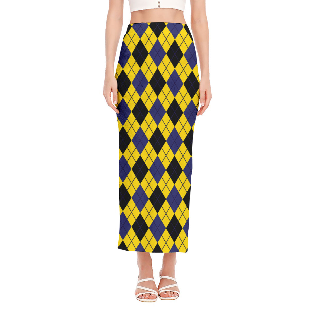 Yellow Blue And Black Argyle Print Side Slit Maxi Skirt