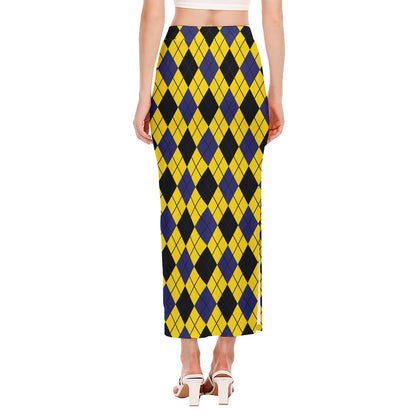 Yellow Blue And Black Argyle Print Side Slit Maxi Skirt