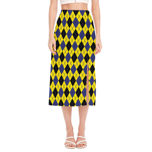 Yellow Blue And Black Argyle Print Side Slit Midi Skirt