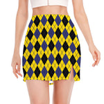 Yellow Blue And Black Argyle Print Side Slit Mini Skirt